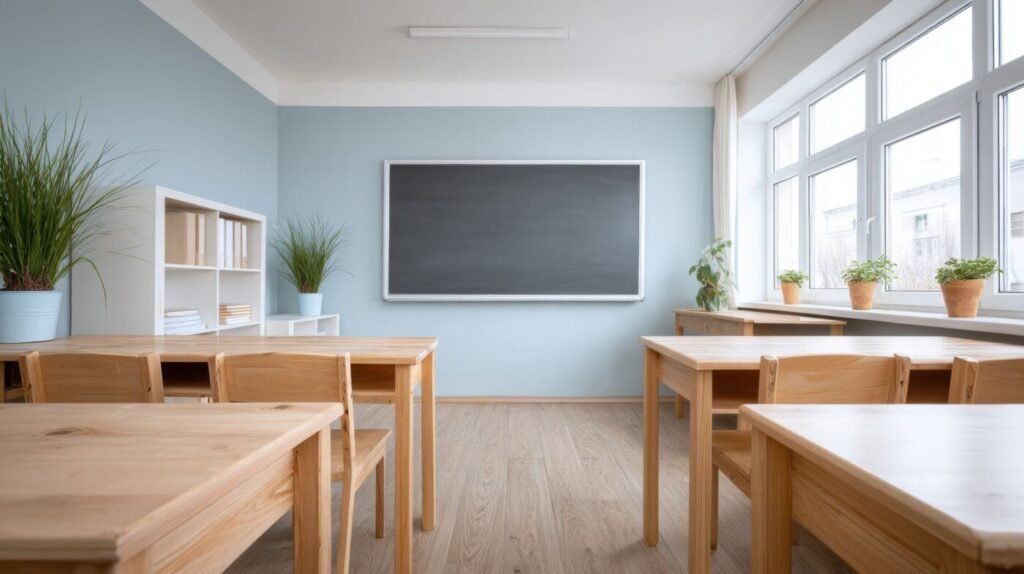 Bright classroom with wooden desks and a chalkboard