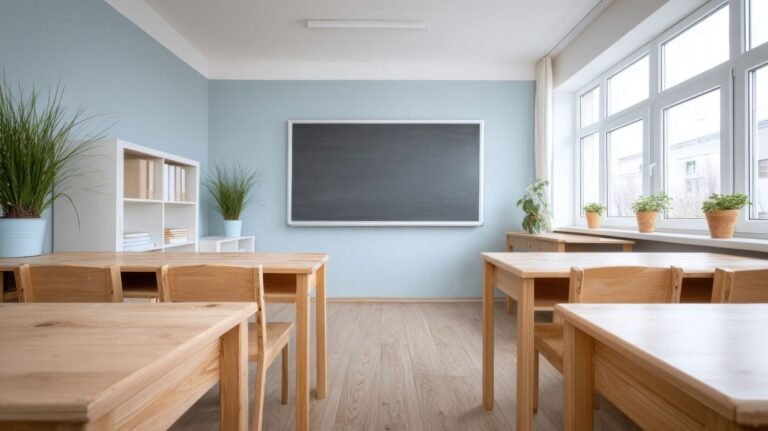 Bright classroom with wooden desks and a chalkboard