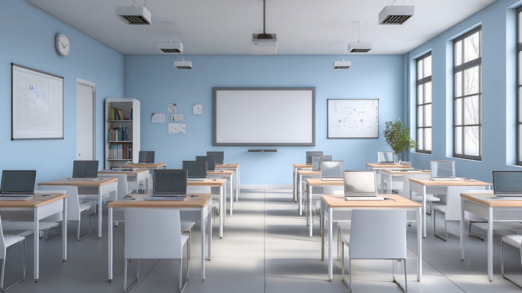 Modern classroom with desks prepared for a lesson