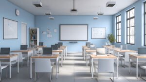 Modern classroom with desks prepared for a lesson