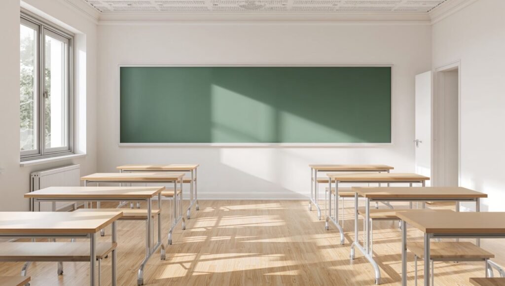 Sunlit classroom with a green chalkboard and wooden desks