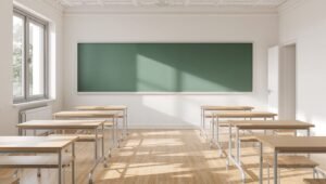 Sunlit classroom with a green chalkboard and wooden desks